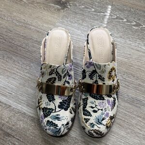 ASOS Floral Embroidered Slip-On heel mules with Gold Accent